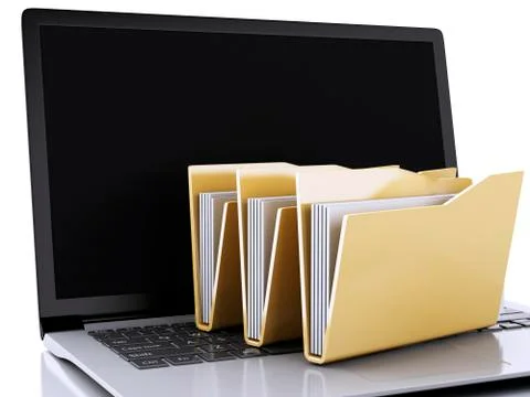 3d laptop and computer files on white background Illustrazione stock