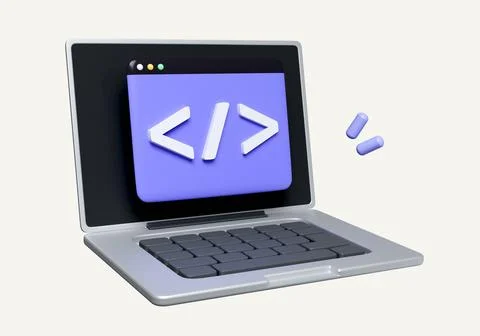 3d laptop and program code development. Web coding concept. Website programming Photos