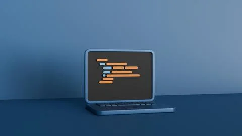3D laptop blue with code image on the screen on the topic of programming and  库存照片