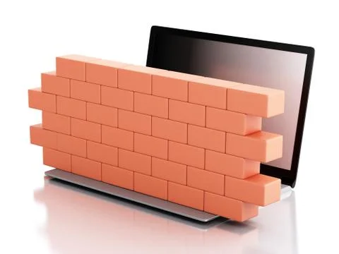 3d Laptop with brick wall. Firewall concept. Stock Illustration