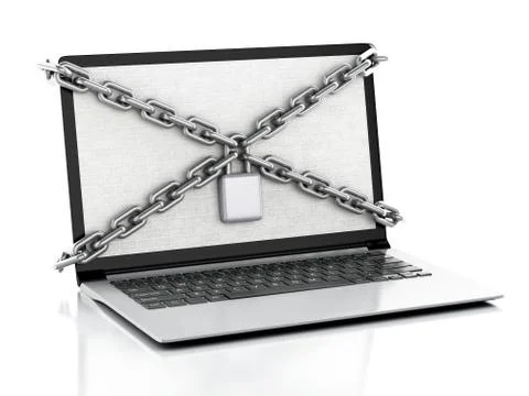3d Laptop with brick wall, lock and chain. Illustrazione stock