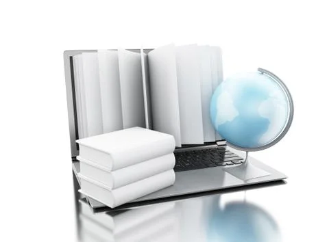 3d Laptop computer with book pages and globe Stock-Illustration