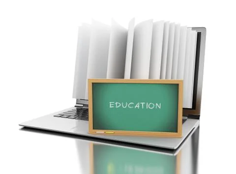 3d Laptop computer with book pages and "Education" text 스톡 일러스트