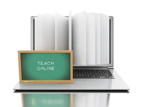 3d Laptop computer with book pages and "Teach online" text 스톡 일러스트