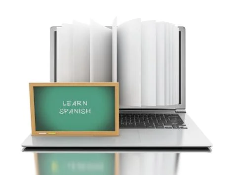 3d Laptop computer with book pages and "Learn Spanish" text イラスト素材