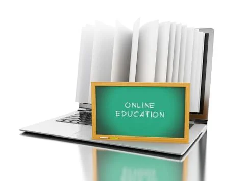 3d Laptop computer with book pages and "Online education" text Stockillustratie