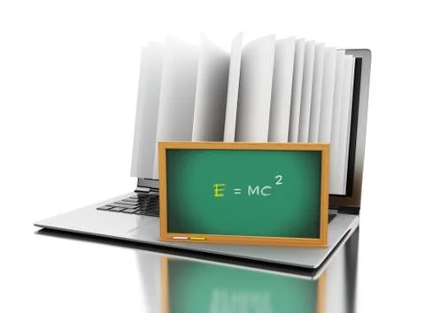 3d Laptop computer with book pages and "E=MC2" text Stock Illustration