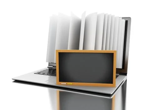 3d Laptop computer with book pages and empty blackboard Illustrazione stock