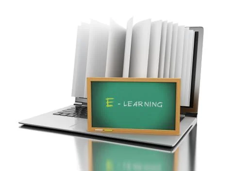 3d Laptop computer with book pages and "E- learning" text Stock Illustration