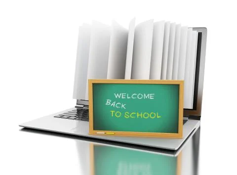 3d Laptop computer with book pages and "Welcome back to school" text Illustrazione stock
