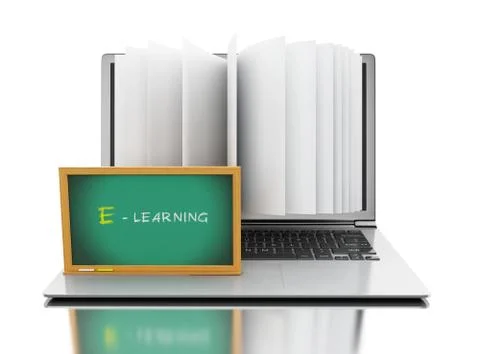 3d Laptop computer with book pages and "E- learning" text Stock Illustration