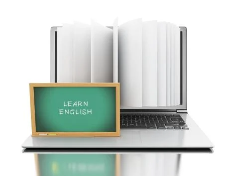 3d Laptop computer with book pages and "Learn english" text 스톡 일러스트