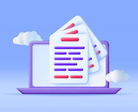 3D Laptop Computer with Pile of Paper Documents 스톡 일러스트