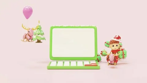 3d laptop computer with santa claus, reindeer, sleigh, christmas tree, rock.. Stock Footage 281219387
