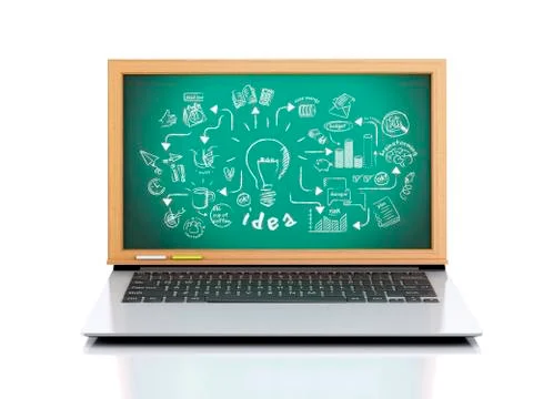 3d Laptop with creative sketch on chalkboard Stock Illustration