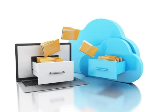 3d Laptop with folders and cloud. Online storage concept. Stock Illustration