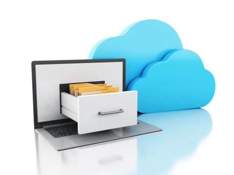 3d Laptop with folders and cloud. Online storage concept. Illustrazione stock