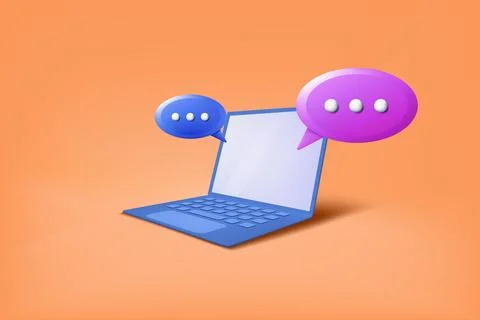 3D laptop icon. Speech bubble in notebook. Discussion screen render. Balloon for Stockillustratie