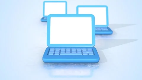 3D Laptop Icons on a Reflective Floor Zooming Towards the Camera. Laptop 3D. 4K Stock Footage 289301705