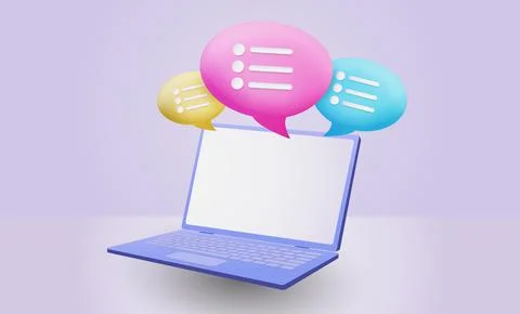 3d laptop icons, speech bubble in notebook. Discussion screen render Stock Illustration