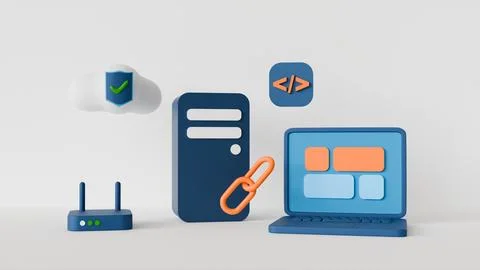 3D laptop with interface on screen, server, router, cloud security and prog.. Foto stock