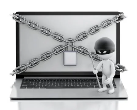 3d Laptop with lock and chain. Data security concept. Illustrazione stock