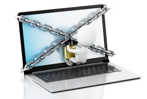 3d Laptop with lock and chain. Data security concept. Illustrazione stock