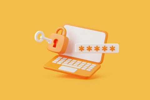 3D Laptop with Lock, Key, and Password Entry Stock Illustration
