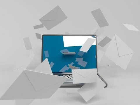 3d laptop with many white envelopes flying around 库存插图