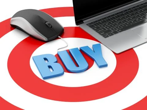 3d Laptop pc and computer mouse on target. E-commerce concept Illustrazione stock