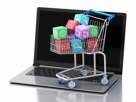 3d Laptop pc with Apps icons in shopping cart. Illustrazione stock