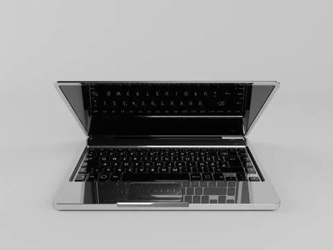 3d laptop with reflection and a black screen inside a white stage half open Stockillustratie