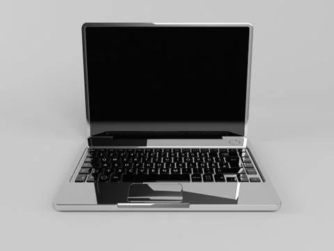 3d laptop with reflection and a black screen inside a white stage full open Stock Illustration