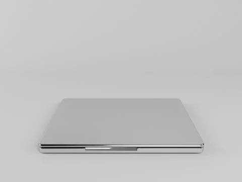 3d laptop with reflection and a black screen inside a white stage full closed Illustrazione stock