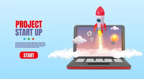 3d laptop. Rocket launch on screen, business startup start banner for creativ Illustrazione stock