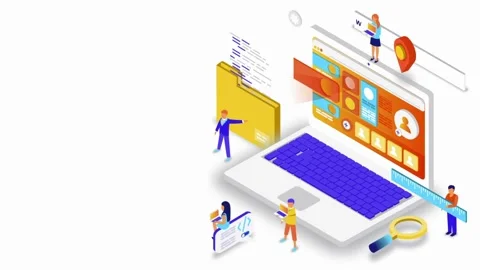 3D Laptop Scene with Characters for Web Development Video Stock Footage 307104535