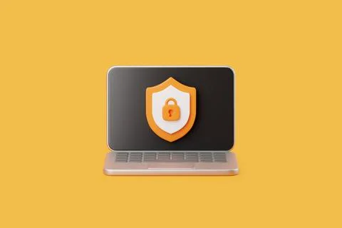 3D Laptop with Security Shield and Lock Icon Stock Illustration