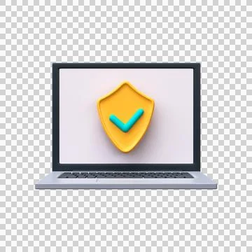 3D laptop with shield symbol. Data protection and safe internet concept. Stock Illustration