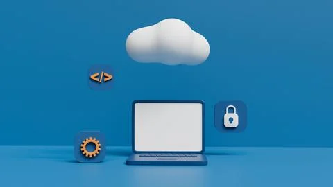 3D of laptop with white screen surrounded by cloud storage, security lock a.. Stock Photos