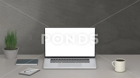 3d Laptop on a workplace beside with a mug, notebook, pen, plant, and book PSD Template