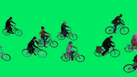 3D of a large group of people riding bicycles on a green background screen drivi Stock-Footage 231733732