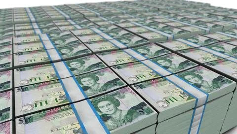 3D Large Stack of Antigua and Barbuda 5 Dollars Banknote Stock Illustration