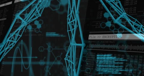 3D lattice structure showing encryption progress unfolding alongside code panels Stock Footage 309107771