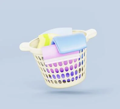 3d laundry basket with dirty clothes for bathroom storage. White plastic basin Illustrazione stock