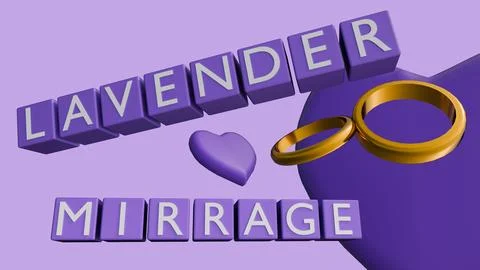 3d "LAVENDER MIRRAGE" in blocks, hearts and two gold wedding rings Stock-Illustration