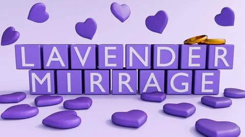 3d "LAVENDER MIRRAGE" in blocks, hearts and two gold wedding rings Stock-Illustration
