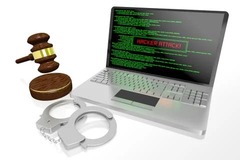 3D law, computer crime, hacking concept - handcuffs 스톡 일러스트
