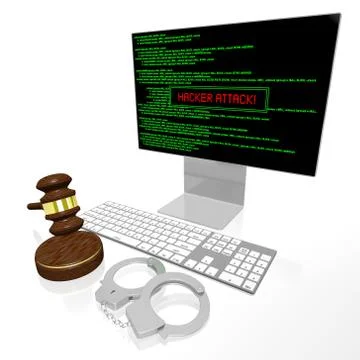3D law, computer crime, hacking concept - handcuffs 库存插图