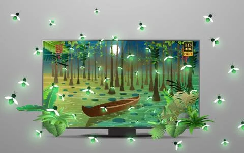 3d lcd tv with firefly at the river in the jungle Stock Illustration