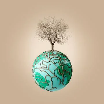 3D leafless tree on top of globe Stock Illustration